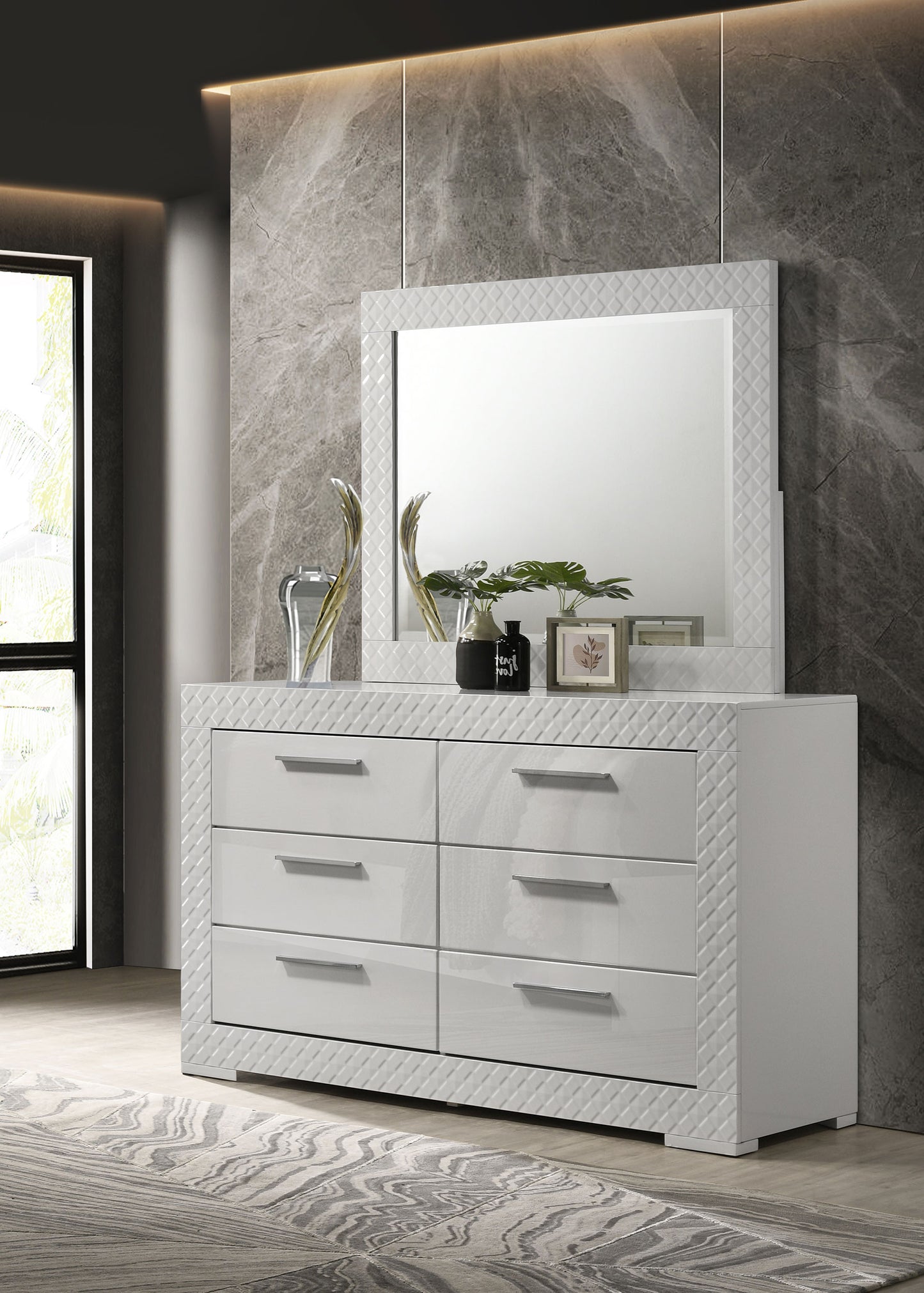 Ives 6-drawer Dresser and Mirror White High Gloss