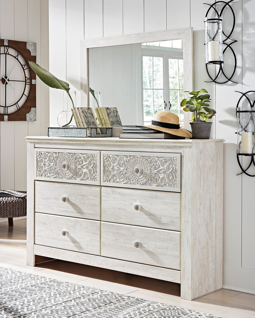 Paxberry King Panel Bed with Mirrored Dresser and 2 Nightstands