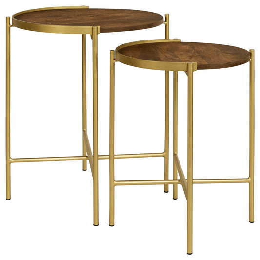 Malka 2-piece Round Wood Nesting Table Dark Brown and Gold